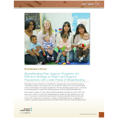 Couverture de la fiche "Breastfeeding in Ontario, Fact Sheet #4: Breastfeeding Peer Support, An Effective Strategy to Reach and Support Populations with Lower Rates of Breastfeeding"