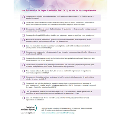 première page du feuillet "Liste d’évaluation du degré d’inclusion des LGBTQ au sein de votre organisation"