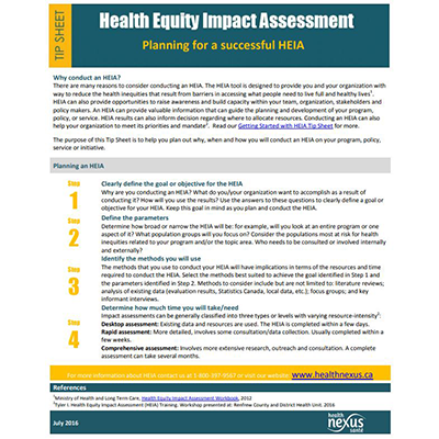First page of the "Health Equity Impact Assessment: Planning for a successful HEIA" tipsheet