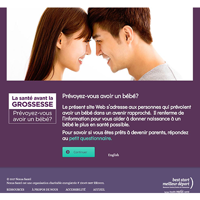 Screen capture of the welcome page of the "Santé avant la grossesse" website