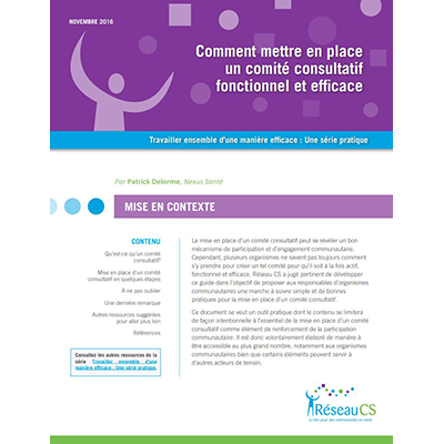 Cover of the manual "Comment mettre en place un comité consultatif fonctionnel et efficace"