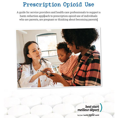 Cover page of the Prescription Opioid Misuse guide: Mom with baby in her arms looking at a screen a service provider is showing her.